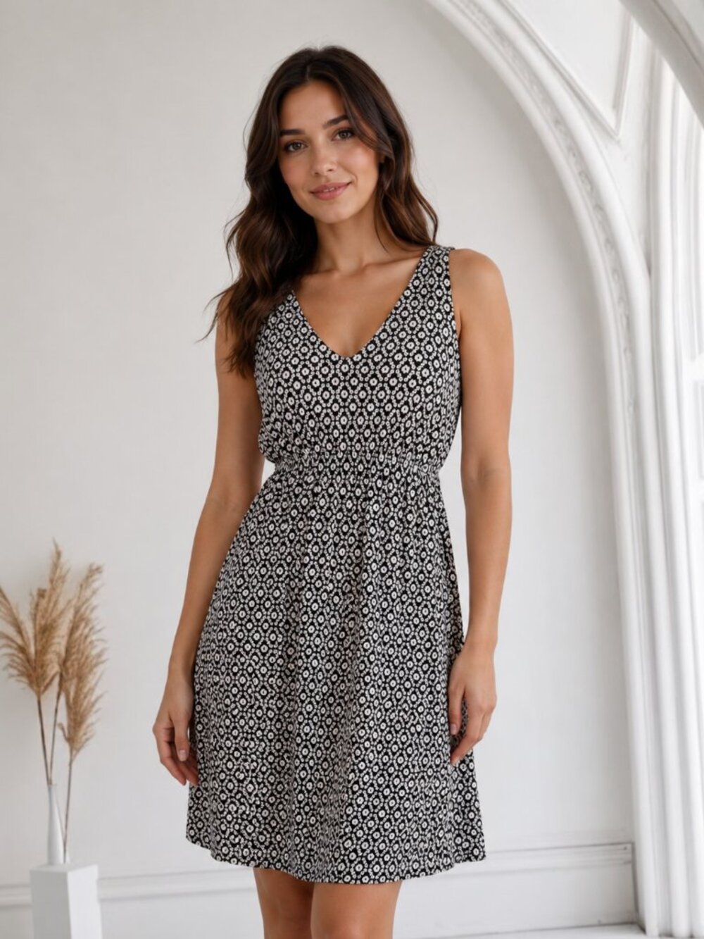 Beachy Sundress Floral Miniprint Empire High Waist Cool Rayon Dress Large